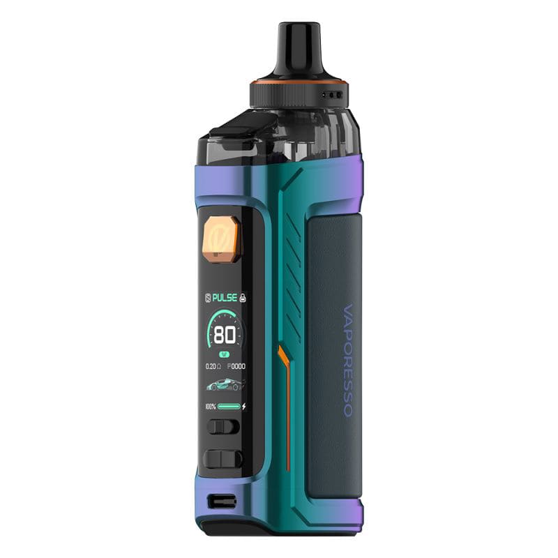 Pod mod Vaporesso Armour G bleu irisé avec écran couleur, bouton orange et cartouche 5ml sur fond blanc.