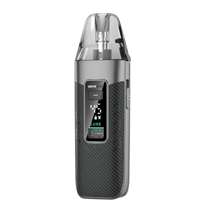 Cigarette électronique Vaporesso Luxe X3 gris anthracite avec écran digital, cartouche transparente et design texturé.