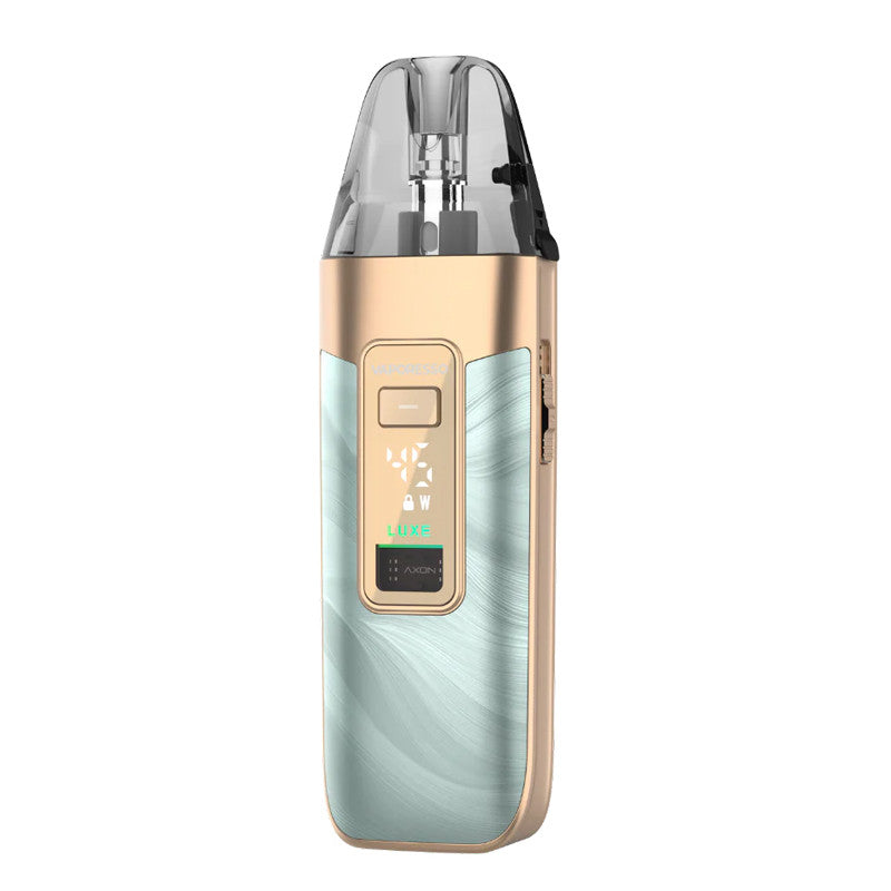 Pod Vaporesso Luxe X3 doré et bleu clair avec écran digital 0,8 pouce et cartouche transparente.