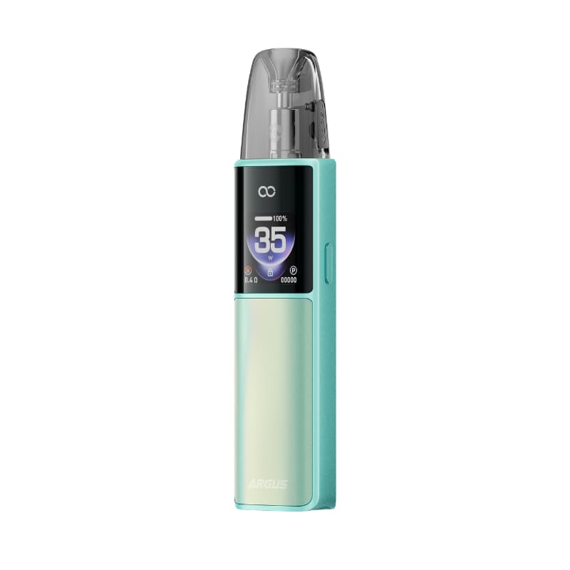 Pod VOOPOO Argus G4 bleu clair compact avec écran HD 0,85" affichant 35W, cartouche transparente et design ergonomique.