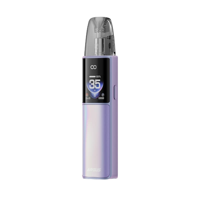 Pod Voopoo Argus G4 violet avec écran HD affichant 35W, design compact et ergonomique en alliage métallique.