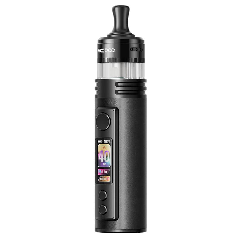 Pod mod Voopoo Drag H40 Pro noir avec revêtement en cuir, écran TFT couleur et réservoir PnP X sur fond blanc.
