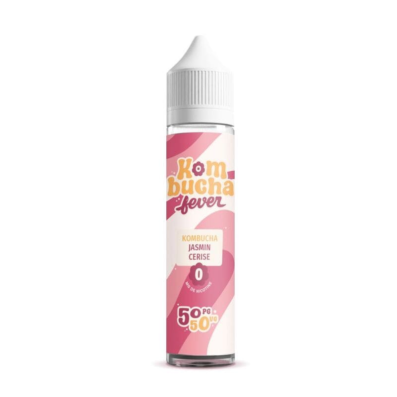 Flacon de 50ml Kombucha Fever Jasmin Cerise avec étiquette rose et blanche, design moderne et bouchon blanc.
