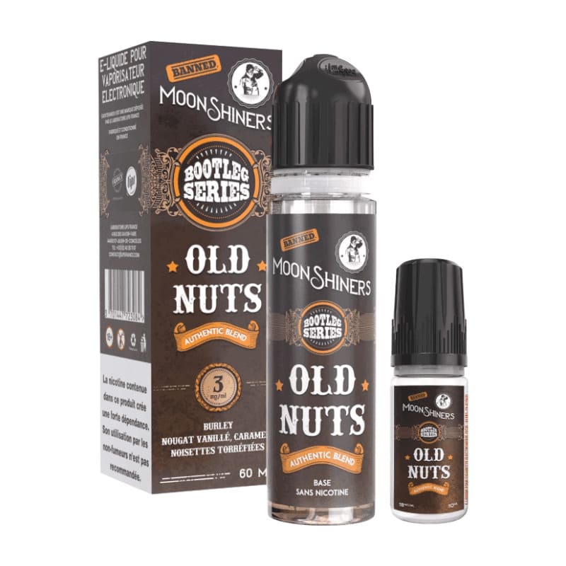 Pack e-liquide Moonshiners Old Nuts 60ml avec flacon et booster, design vintage marron et noir.