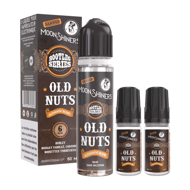 Pack e-liquide Moonshiners Old Nuts 60ml avec boîte, flacon principal et deux boosters de nicotine sur fond blanc.
