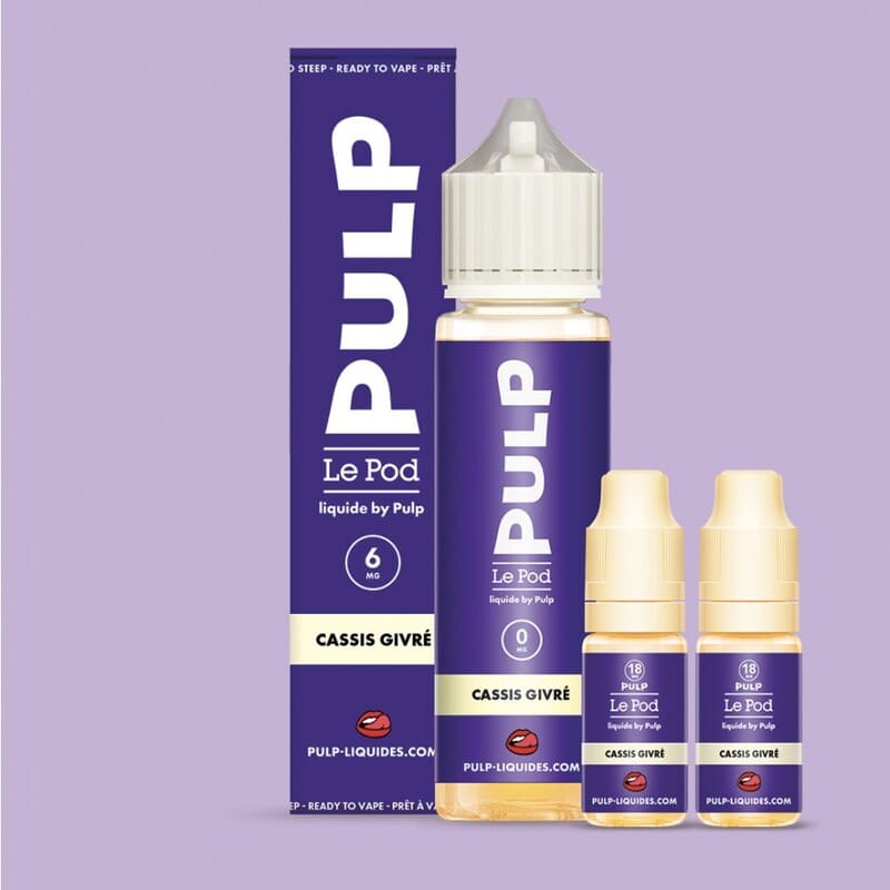 Pack e-liquide Pulp Cassis Givré 60ml avec flacon grand format, boîte violette et deux boosters de nicotine.