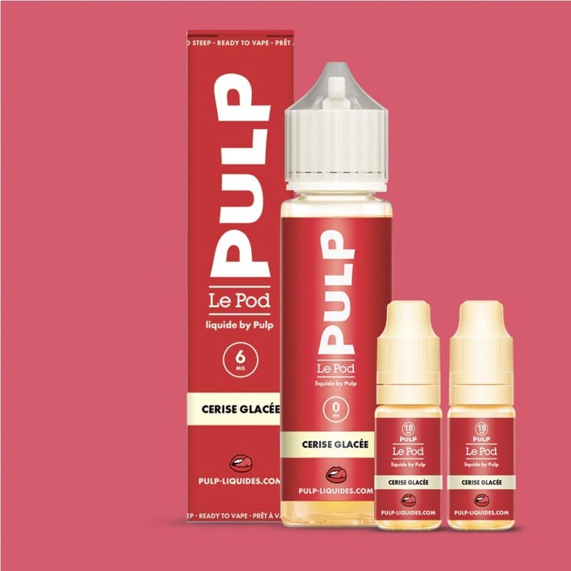 Pack e-liquide Pulp Cerise Glacée 60ml avec flacon grand format et deux boosters de nicotine sur fond rouge.