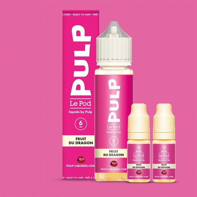 Pack e-liquide Fruit du Dragon Pulp avec flacon 60ml, deux boosters de nicotine et emballage carton rose vif.