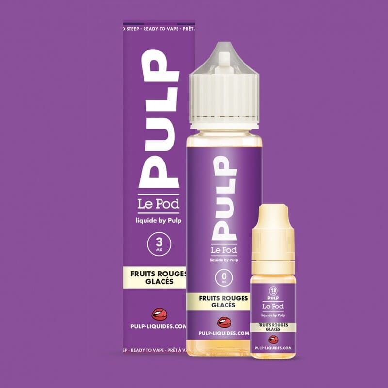 Pack e-liquide Pulp Fruits Rouges Glacés avec flacon 60ml, booster de nicotine et boîte violette sur fond uni.
