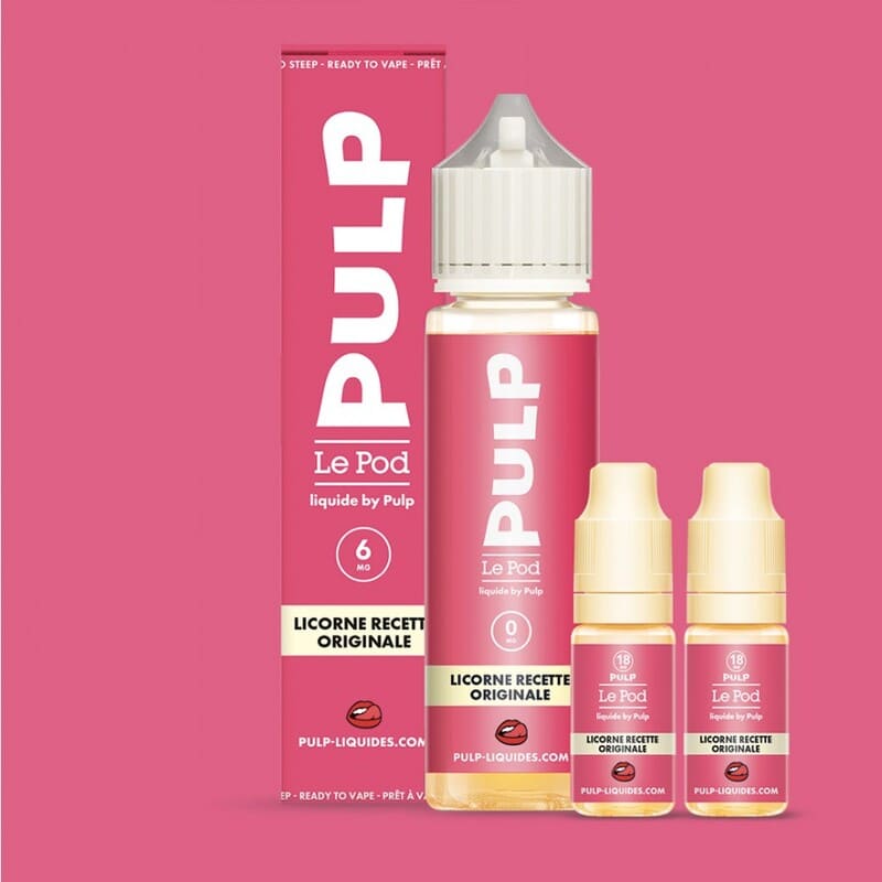 Pack e-liquide Licorne Pulp 60ml avec flacon rose, boîte assortie et deux boosters de nicotine sur fond rose.