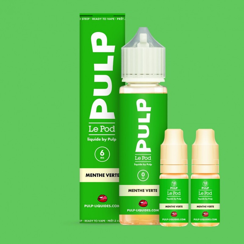 Pack e-liquide Menthe Verte Pulp 60ml avec flacon grand format, boîte verte et deux boosters de nicotine sur fond vert.