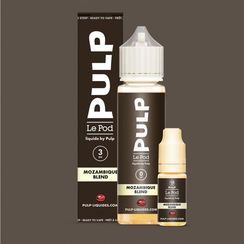 Pack e-liquide Mozambique Blend 60ml Pulp avec flacon, booster de nicotine et boîte brune élégante.