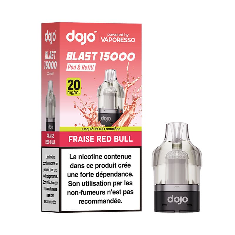 Cartouche pod Vaporesso Dojo Blast 15K Fraise Red Bull avec réservoir transparent et base noire magnétique.