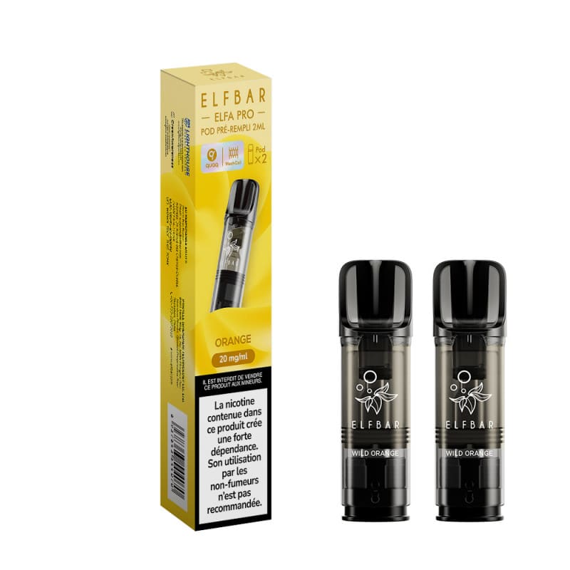 Pack de deux cartouches Elfbar Elfa Pro Wild Orange 2ml avec emballage jaune et pods transparents à résistance mesh.