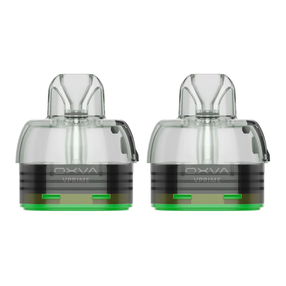 Pack de deux cartouches rechargeables OXVA VPrime transparentes avec base verte et résistance intégrée.