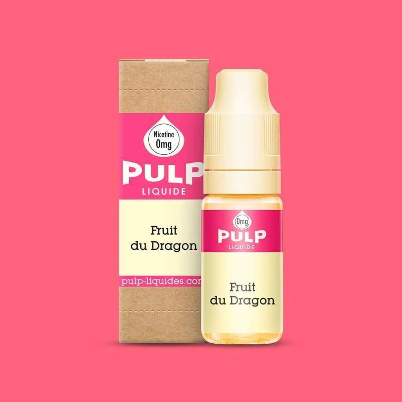 Flacon et boîte carton 10 ml PULP Original Fruit du Dragon, design rose et beige, étiquette avec logo et taux de nicotine.