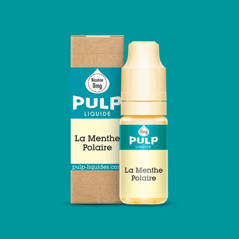 Flacon d'e-liquide PULP La Menthe Polaire 10ml avec sa boîte en carton kraft et étiquette bleu turquoise sur fond uni.