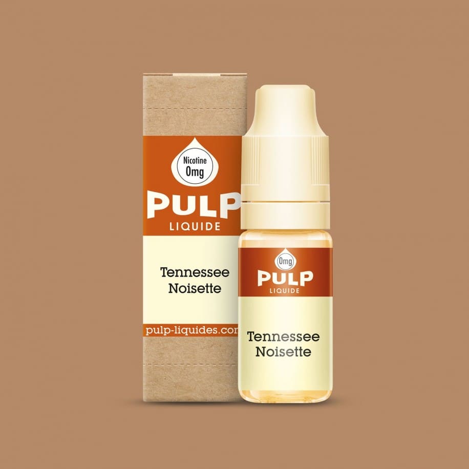 Flacon de 10ml PULP Tennessee Noisette et sa boîte en carton beige, design épuré avec étiquette orange et blanche.