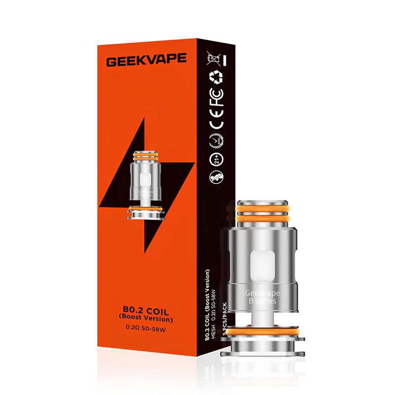 Pack de 5 résistances Geekvape B Series mesh en métal argenté avec joints orange devant leur boîte orange et noire.