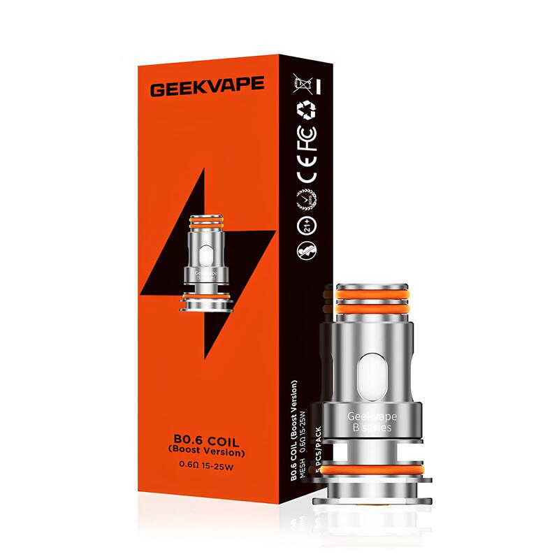 Pack de 5 résistances Geekvape B Series 0.6 ohm en métal argenté avec joints orange devant leur boîte orange et noire.