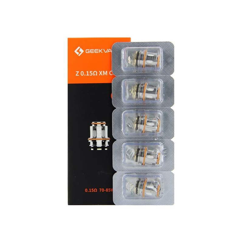 Pack de 5 résistances Geekvape Z Series 0.15 ohm XM dans leur emballage blister orange et noir.