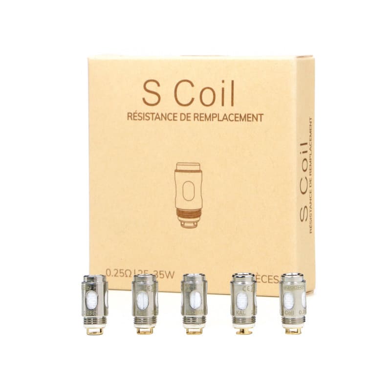 Pack de 5 résistances Innokin Sceptre en métal argenté devant leur boîte en carton beige avec logo S Coil.