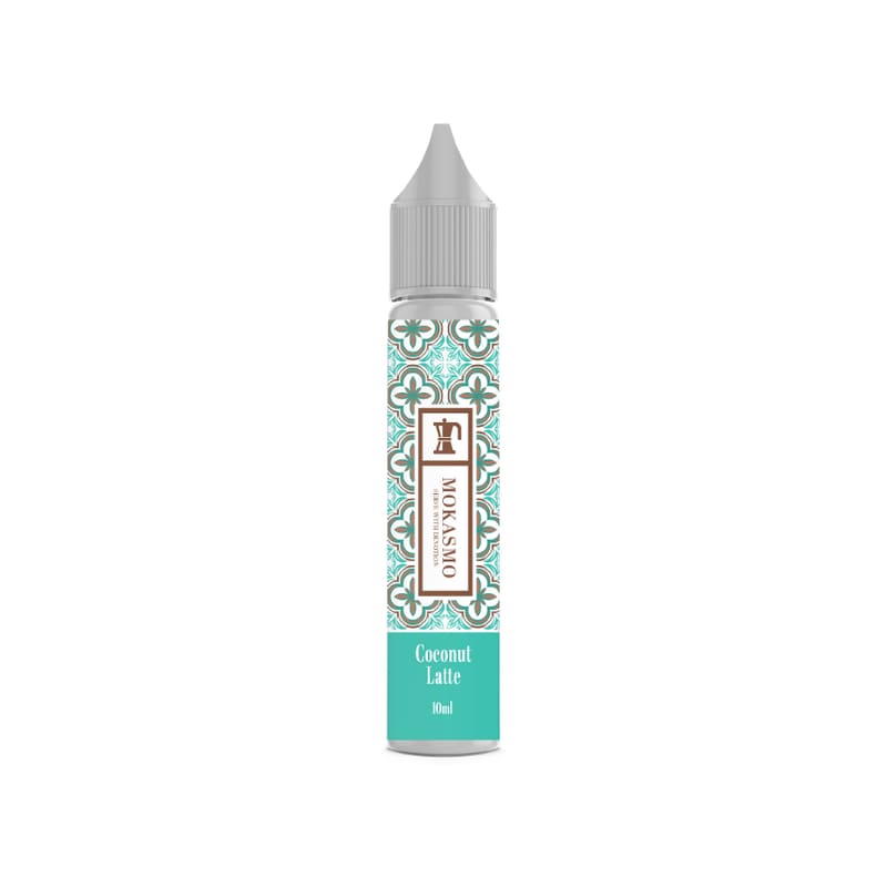 Flacon de 10ml d'e-liquide Aisu Mokasmo Latte Noix de Coco avec étiquette à motifs géométriques turquoise et marron.