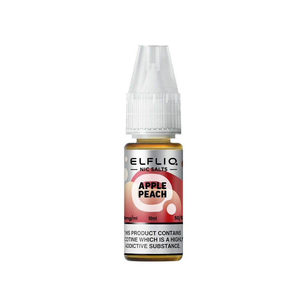 Flacon de 10 ml d'e-liquide Elfliq Apple Peach avec bouchon transparent et étiquette aux tons rouge et blanc.