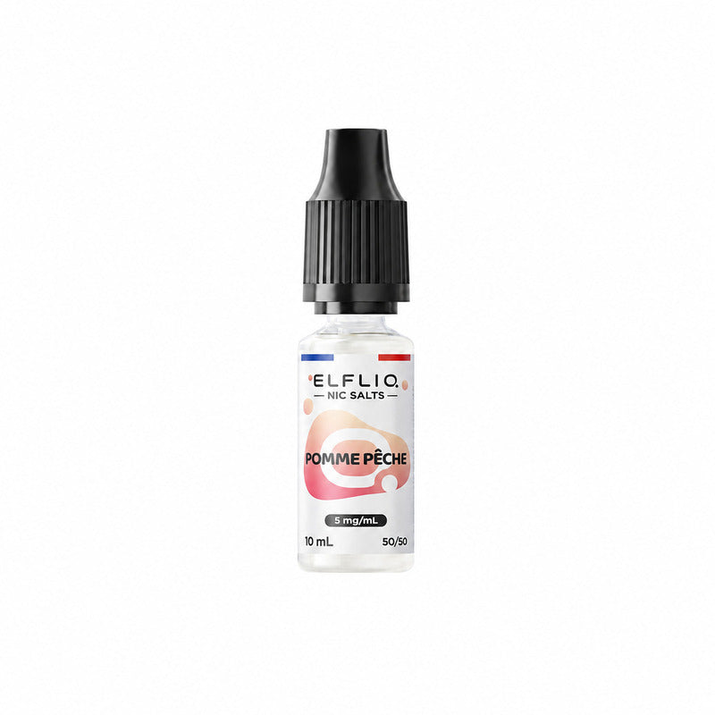 Flacon de 10ml Elfliq Apple Peach avec bouchon noir, étiquette blanche et logo aux tons pêche et pomme, 5mg/mL.
