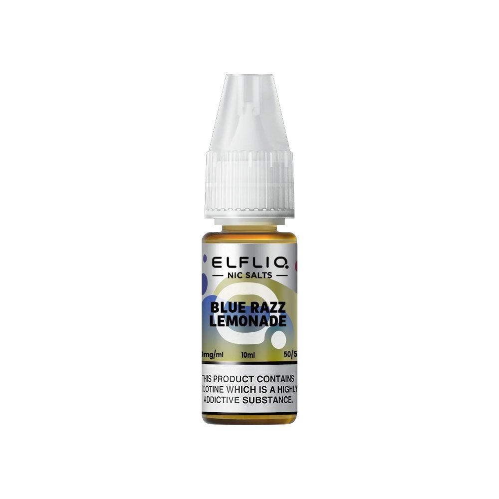 Flacon de 10 ml d'e-liquide Elfliq Blue Razz Lemonade aux sels de nicotine avec bouchon transparent.