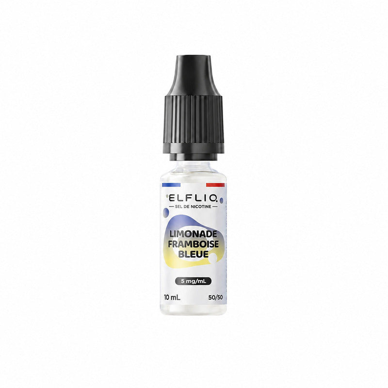 Flacon de 10ml Elfliq Blue Razz Lemonade, e-liquide aux sels de nicotine 5mg avec bouchon noir sur fond blanc.