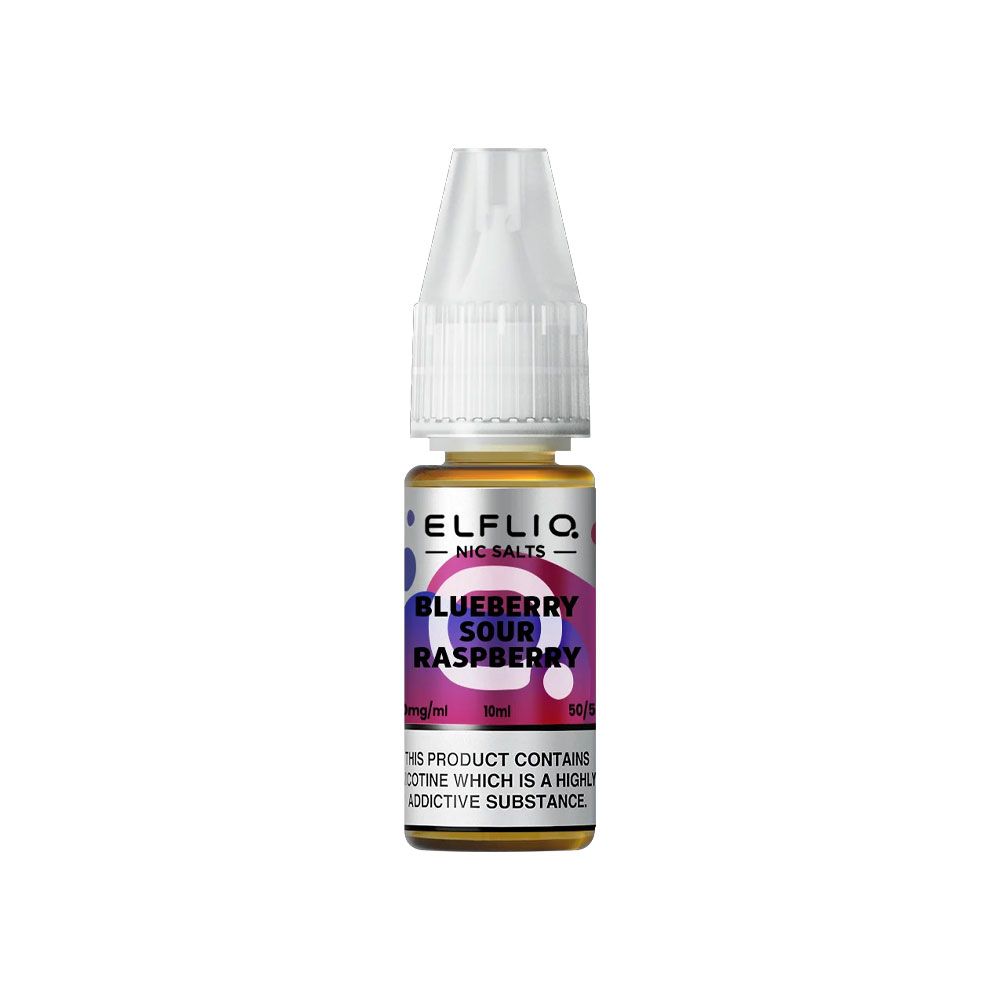 Flacon de 10ml Elfliq Blueberry Sour Raspberry avec bouchon transparent et étiquette violette et bleue.