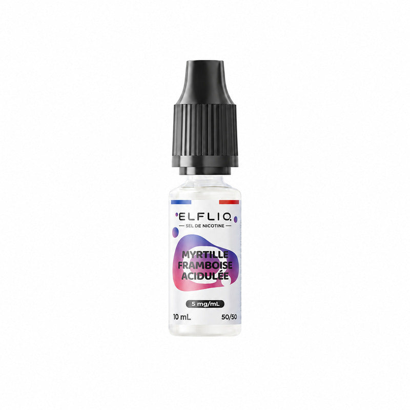 Flacon d'e-liquide Elfliq 10ml Myrtille Framboise Acidulée avec bouchon noir sur fond blanc.