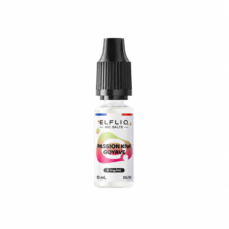 Flacon de 10ml Elfliq Kiwi Passion Fruit Goyave avec bouchon noir, étiquette colorée et taux de nicotine de 5mg.