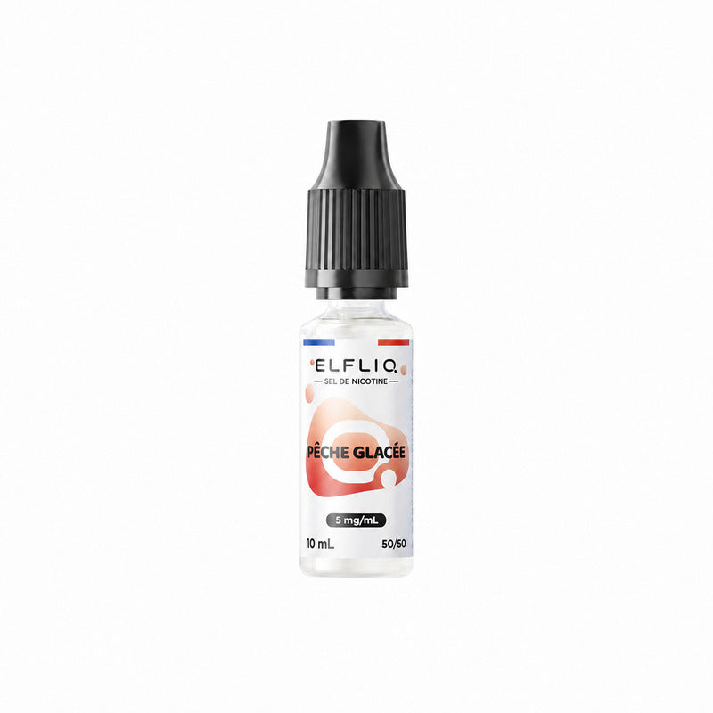 Flacon de 10ml Elfliq Peach Ice avec bouchon noir, étiquette blanche et orange, taux de 5mg/mL, format 50/50 PG/VG.