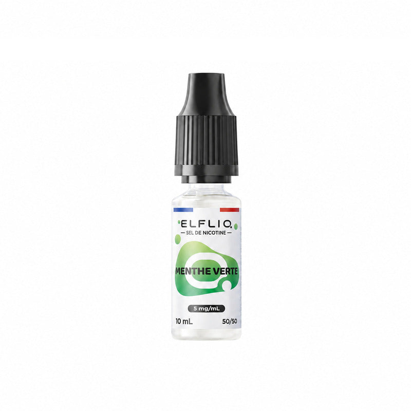 Flacon de 10ml Elfliq Menthe Verte avec bouchon noir, étiquette blanche et verte, taux de nicotine 5mg/ml, ratio 50/50.