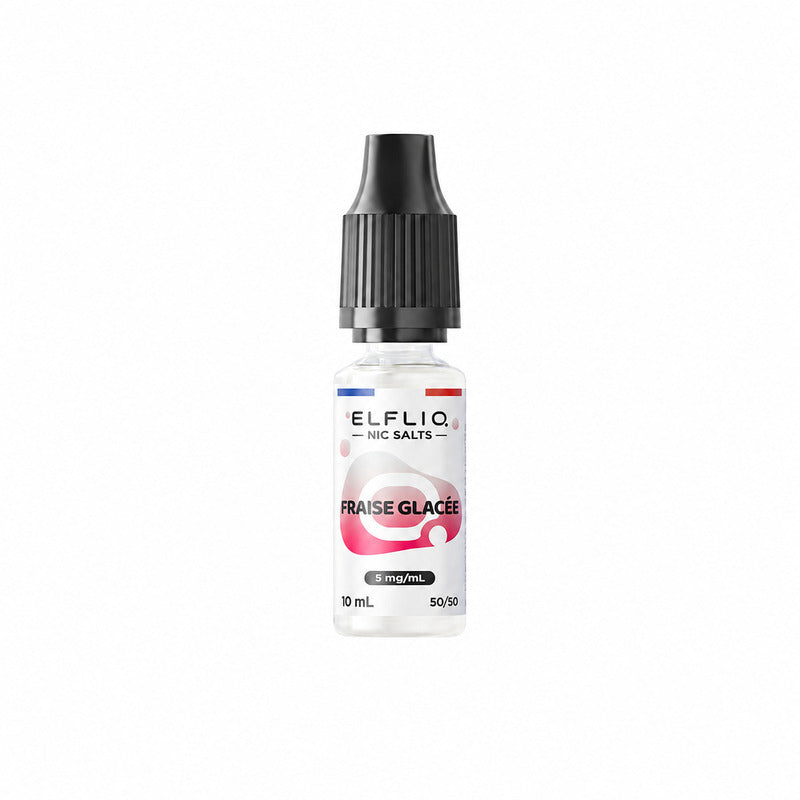 Flacon de 10 ml Elfliq Strawberry Ice avec bouchon noir, étiquette blanche et rose, taux de nicotine 5 mg/mL.