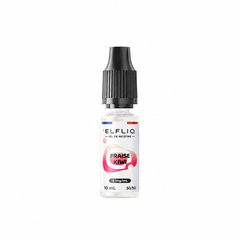 Flacon de 10ml Elfliq Fraise Kiwi avec bouchon noir, étiquette blanche et drapeau français sur fond blanc.