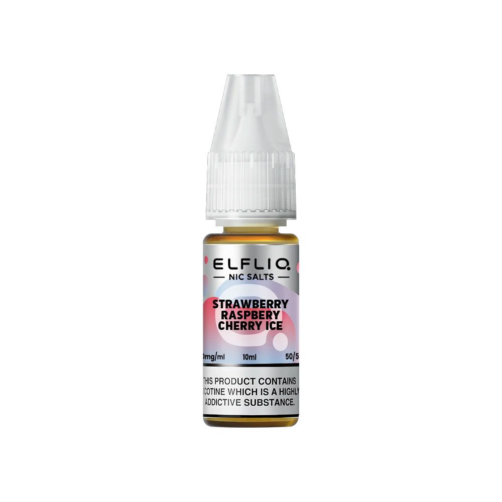 Flacon de 10ml Elfliq Strawberry Raspberry Cherry Ice avec étiquette colorée et bouchon blanc transparent.