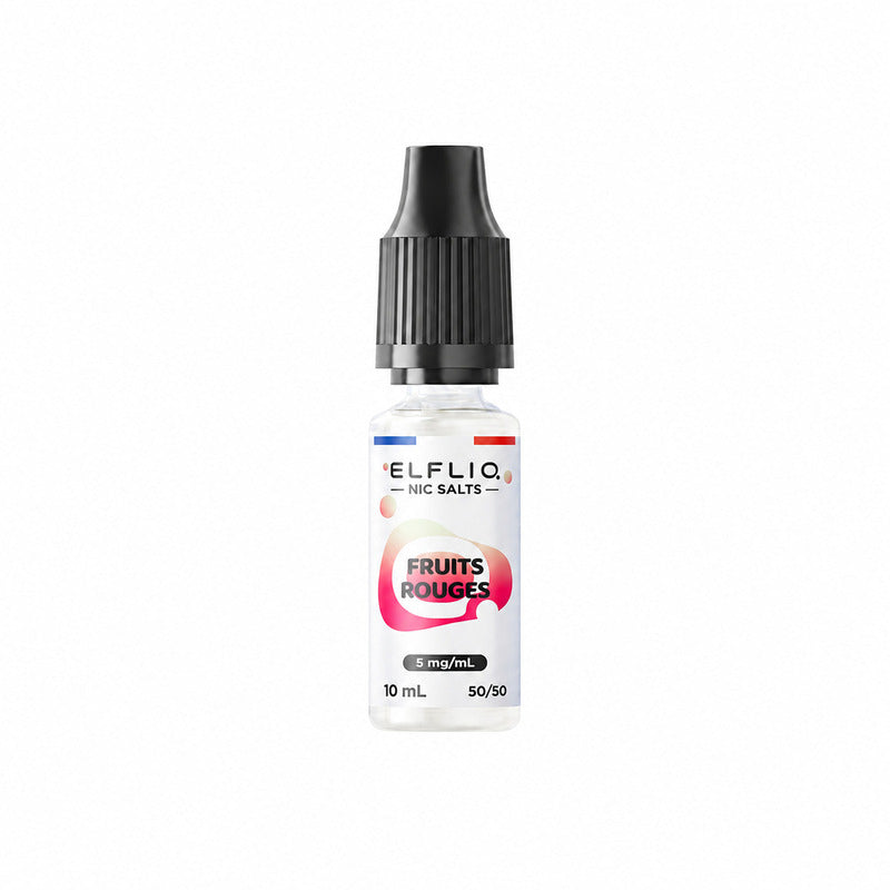 Flacon d'e-liquide Elfliq 10ml aux sels de nicotine, étiquette blanche avec logo Fruits Rouges et bouchon noir sécurisé.