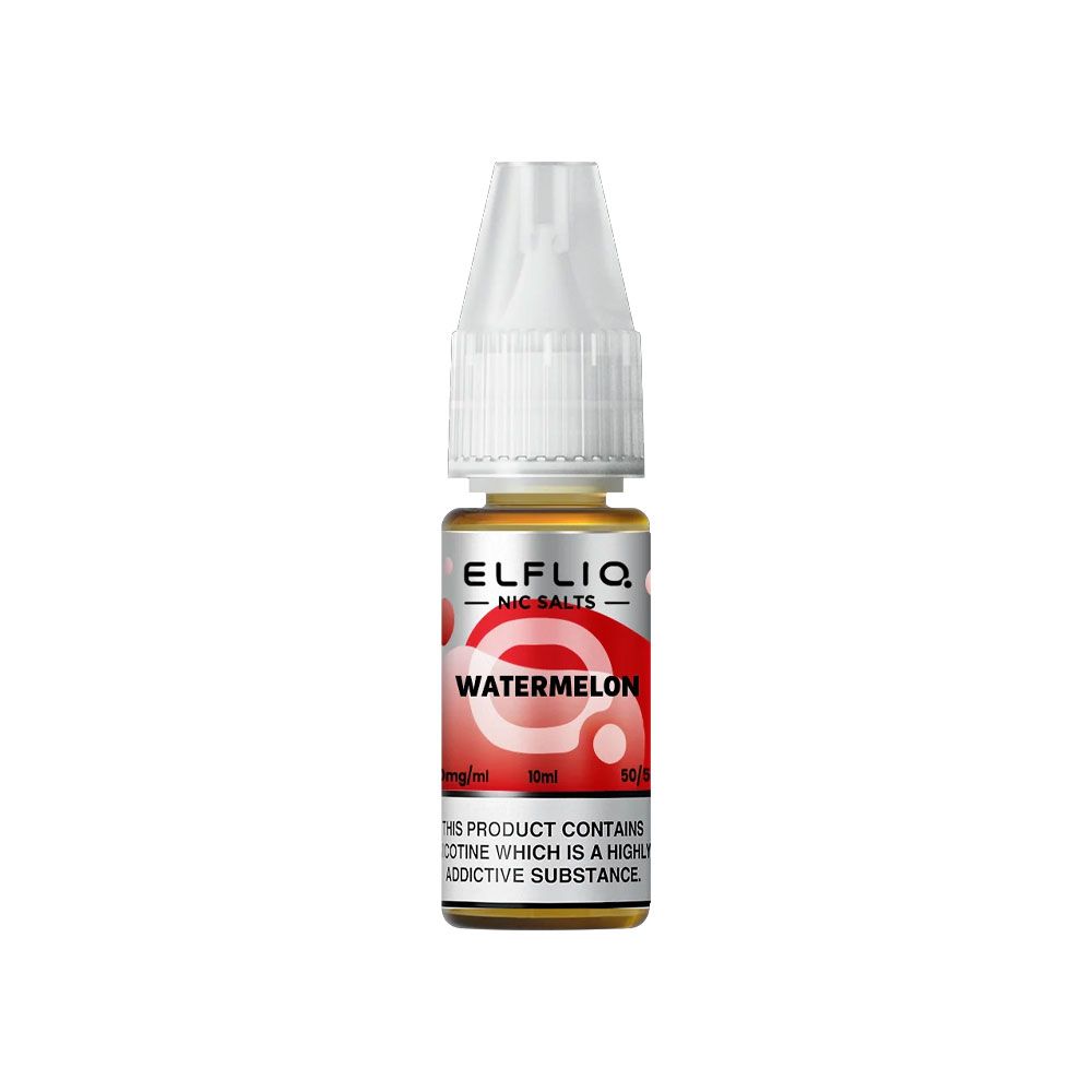 Flacon de 10ml d'e-liquide Elfliq Watermelon avec étiquette rouge et blanche, bouchon transparent et sels de nicotine.