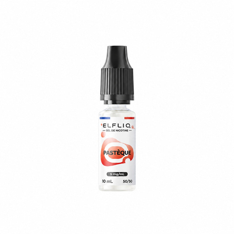 Flacon de 10 ml d'e-liquide Elfliq Pastèque avec bouchon noir, étiquette blanche et rouge, taux de nicotine de 5 mg/mL.