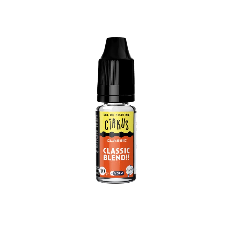 Flacon de 10 ml d'e-liquide Cirkus Classic Blend aux sels de nicotine avec étiquette orange et jaune et bouchon noir.