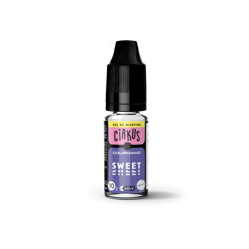 Flacon de 10 ml d'e-liquide Cirkus Sweet aux sels de nicotine avec étiquette rose et noire, bouchon noir et design épuré.