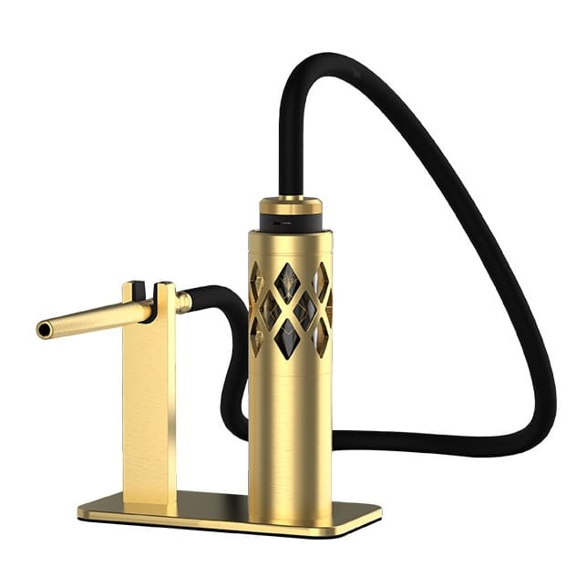 Dock Hookah Fumytech doré en aluminium avec design moucharabieh, tuyau noir et support pour kit Hookah Air.