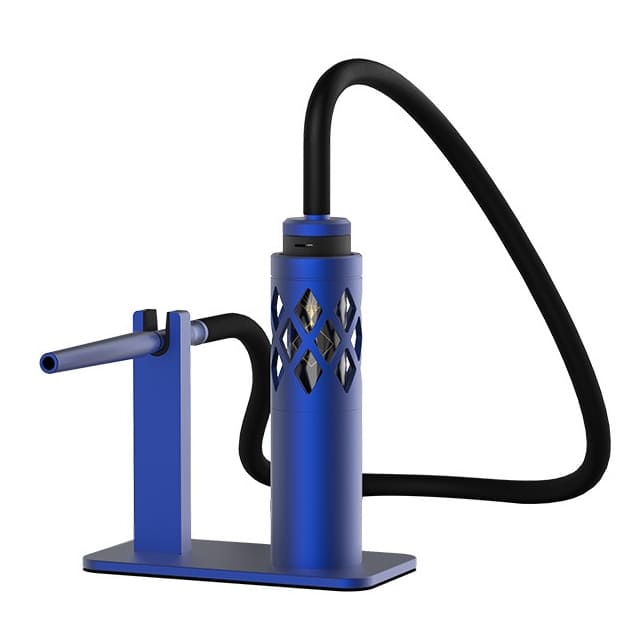 Dock en aluminium bleu pour Fumytech Hookah Air avec design moucharabieh, tuyau noir et support pour embout buccal.