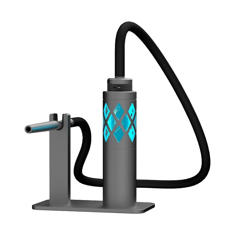 Dock en aluminium gris pour Fumytech Hookah Air avec design moucharabieh et tuyau noir, style narguilé moderne.