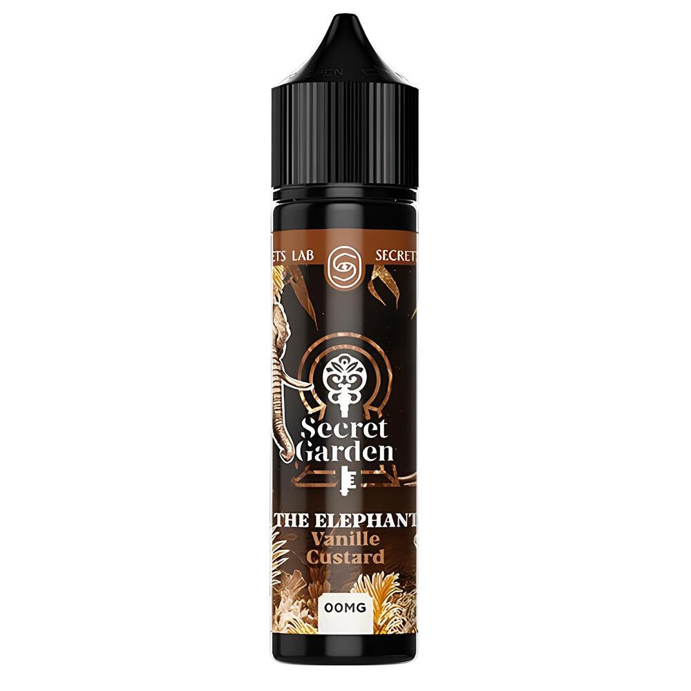 Flacon de 50ml d'e-liquide Secret Garden The Elephant avec étiquette noire illustrée d'un éléphant et notes de vanille custard.