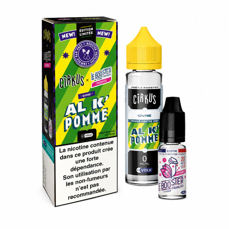 Pack e-liquide VDLV Cirkus Al K'Pomme avec flacon 50ml, booster Neosweet 10ml et boîte décorée aux rayures vertes et jaunes.