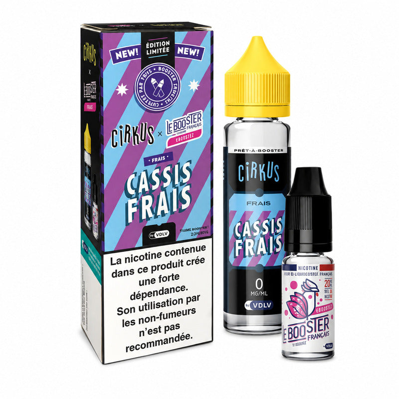 Pack VDLV Cirkus Cassis Frais avec flacon 50ml à bouchon jaune et booster de nicotine 10ml sur fond blanc.